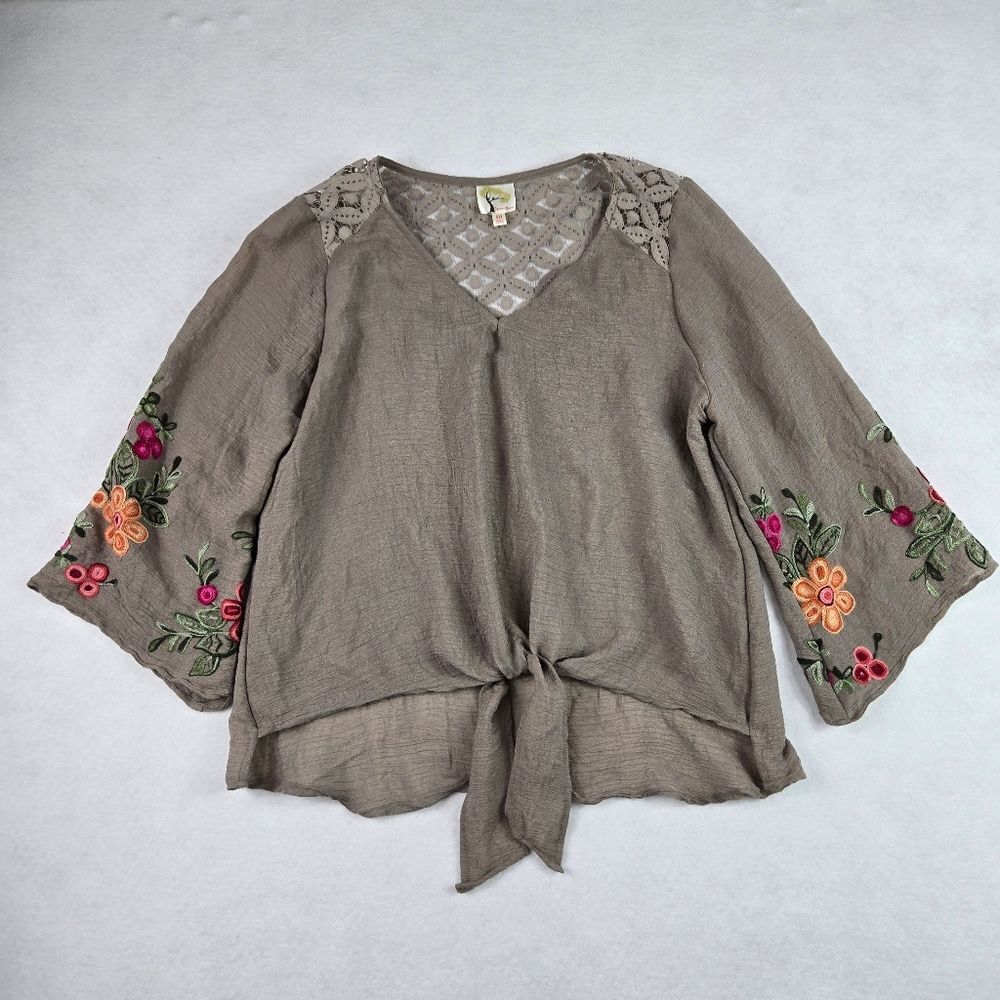 Fig And Flower Embroidered Tie-Front Blouse
